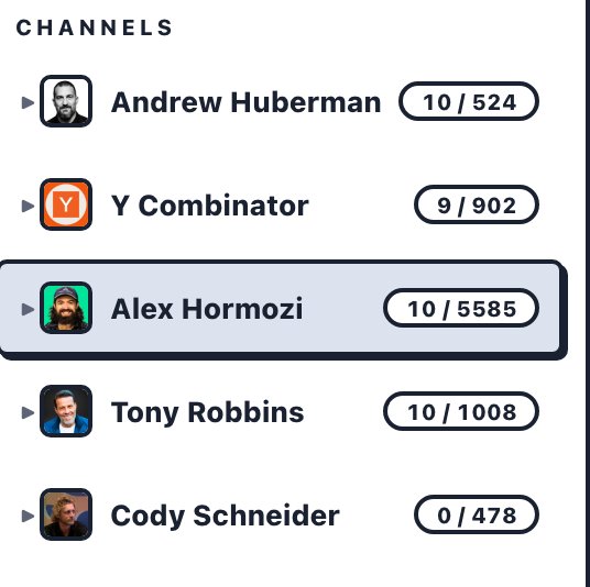 The channel list in Tube Operator: Andrew Huberman, Y Combinator, Alex Hormozi, Tony Robbins, each with the number of imported videos.